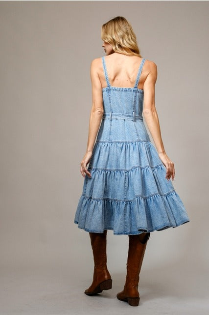 Garment Washed Denim Tiered Midi Dress with Zip Front - Blue B - RARA Boutique 