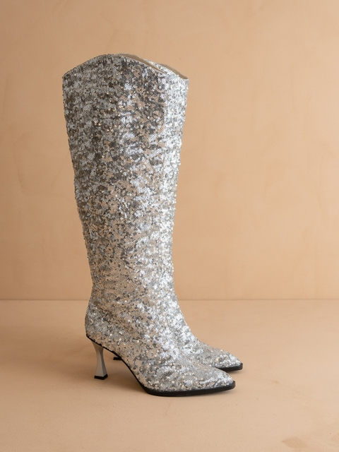 Pyramid Heel Knee High Sequin Boots - Oasis Society - RARA Boutique 