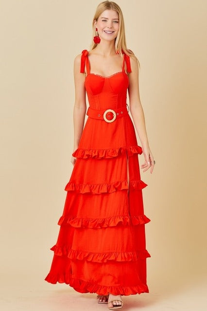 Tie Shoulder Belted Ruffle Maxi Dress - Main Strip - RARA Boutique 