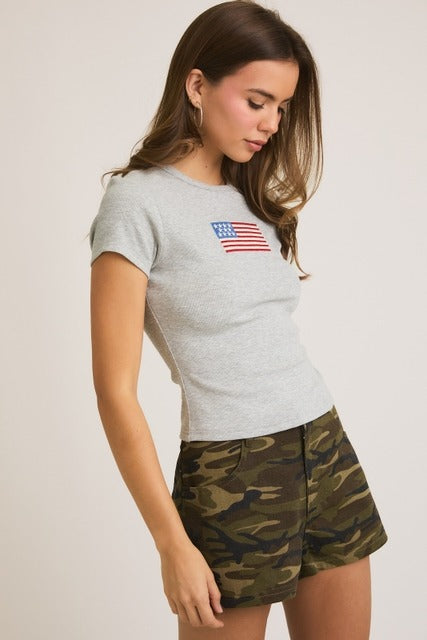 Rara Boutique embroidered American flag ribbed baby tee, soft cotton t-shirt with patriotic flag design for kids.