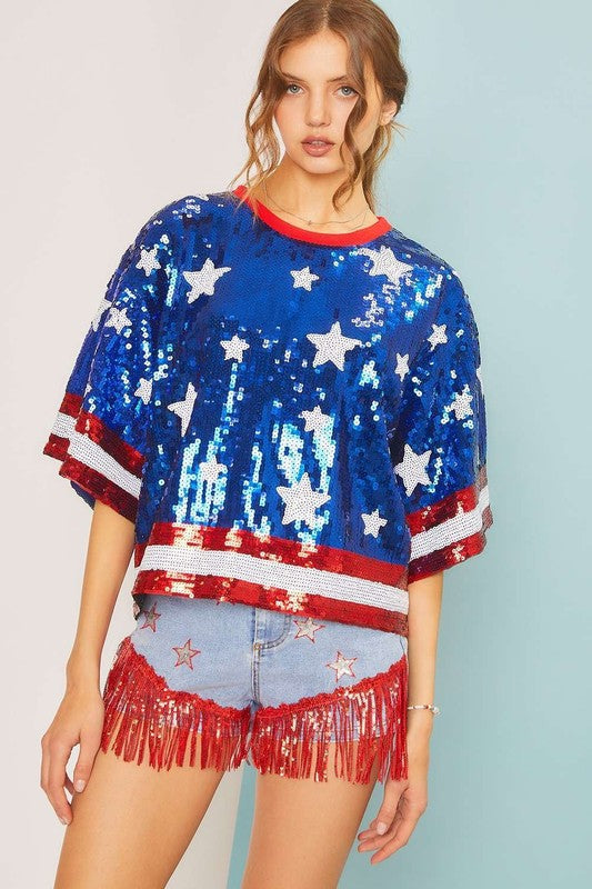 4th of July Star Print Sequin Crop Top - RARA Boutique 