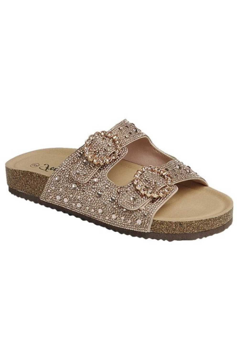 Rhinestone Cork Sole Double Buckle Slide Sandals - Forever - RARA Boutique 