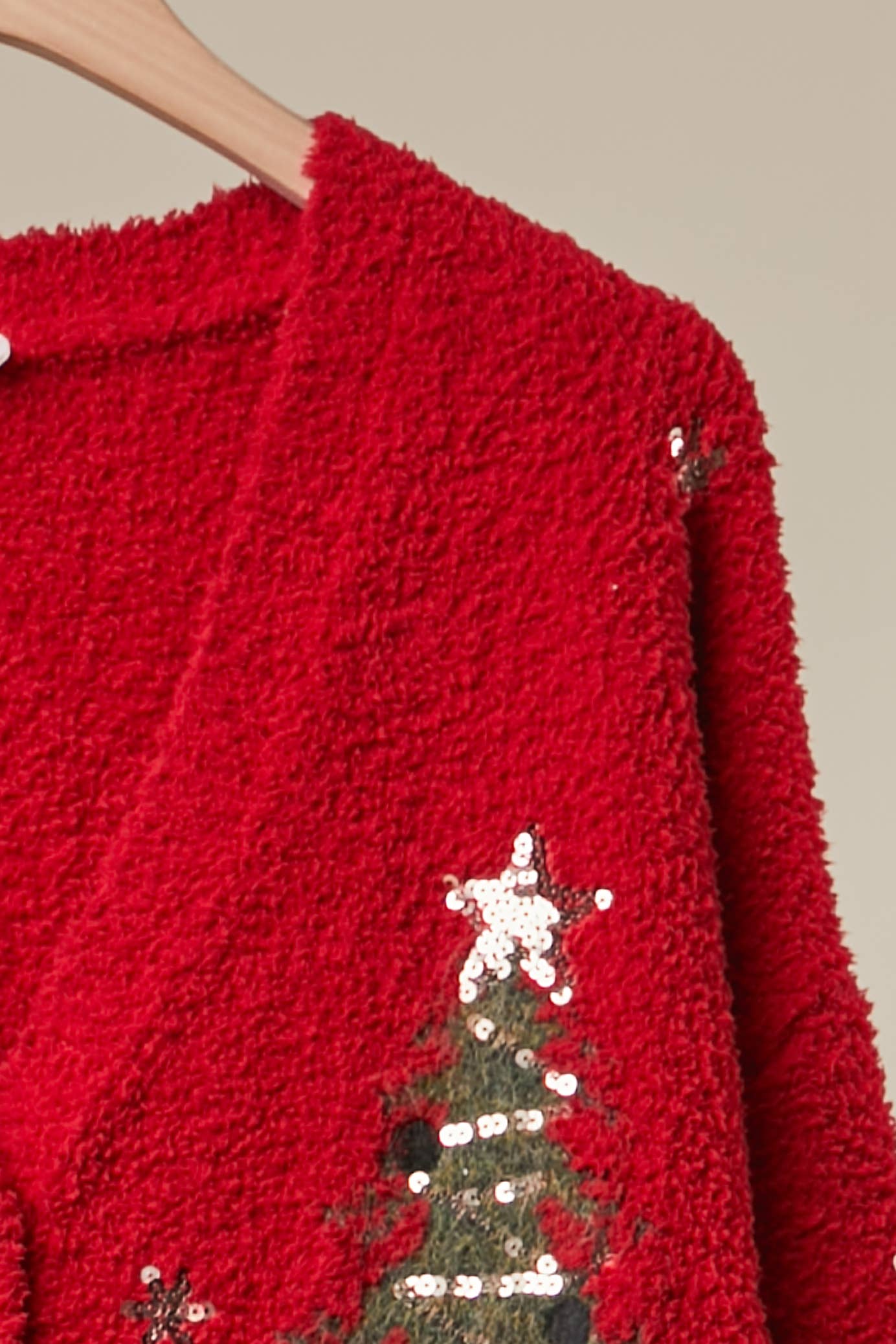 Mello Christmas Tree embroidered soft cardigan featuring festive holiday tree design and cozy knit fabric.