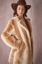 Blue B Deer Print Faux Fur Coat with realistic deer pattern, cozy and stylish winter outerwear for women.