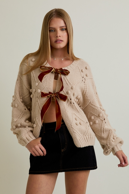 Velvet Bow Front Pom Pom Knit Chunky Cardigan - Le Lis - RARA Boutique 