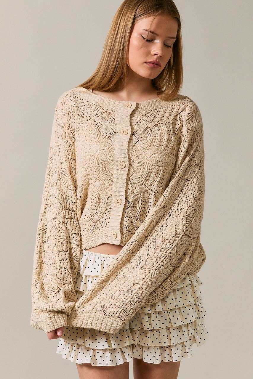 Long sleeve crochet cardigan by LE LIS featuring intricate knit pattern and lightweight fabric, displayed on a neutral background.