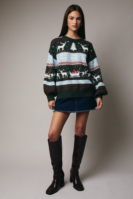 Reindeer Fair Isle Balloon Sleeve Christmas Sweater - Sunday Edition - RARA Boutique 