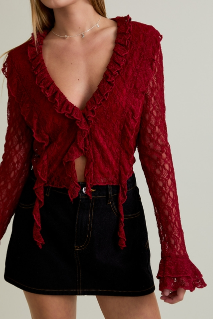 Ruffle Detail Lace V-Neck Top with Bell Sleeves - Le Lis - RARA Boutique 
