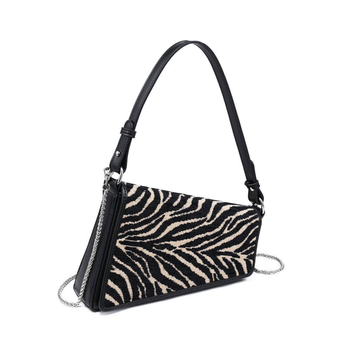 Urban Expressions Fatima zebra shoulder bag with black strap and textured black and white zebra print design.
