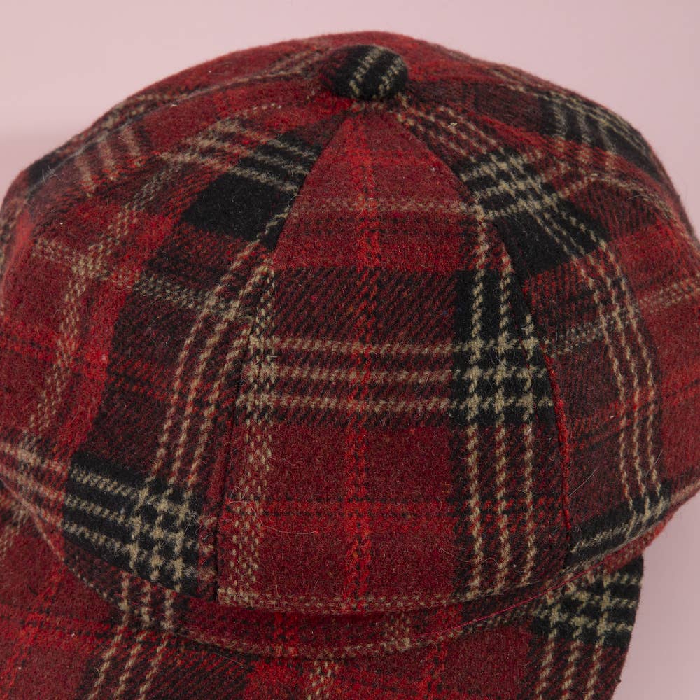 Tartan plaid eight-panel newsboy cap by Collections by Fame Accessories, close-up view showing the classic pattern and structured style.