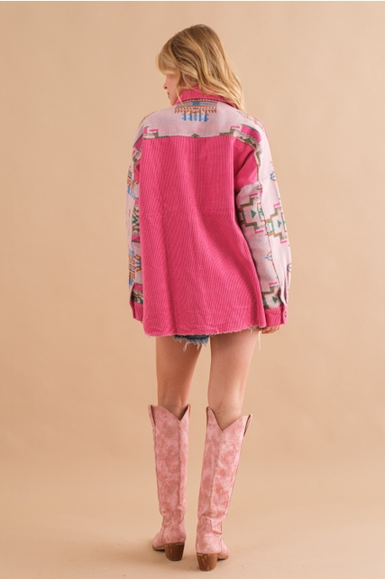 Aztec Contrast Sleeve Corduroy Button Up Shirt Jacket - Blue B - RARA Boutique 