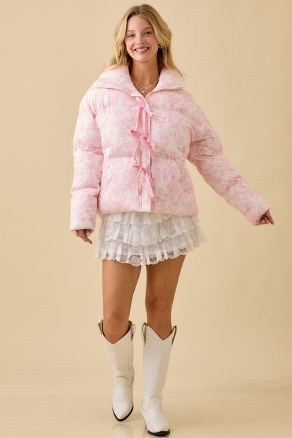 Vintage Horse Toile Print Puffer Jacket with Bows - Main Strip - RARA Boutique 
