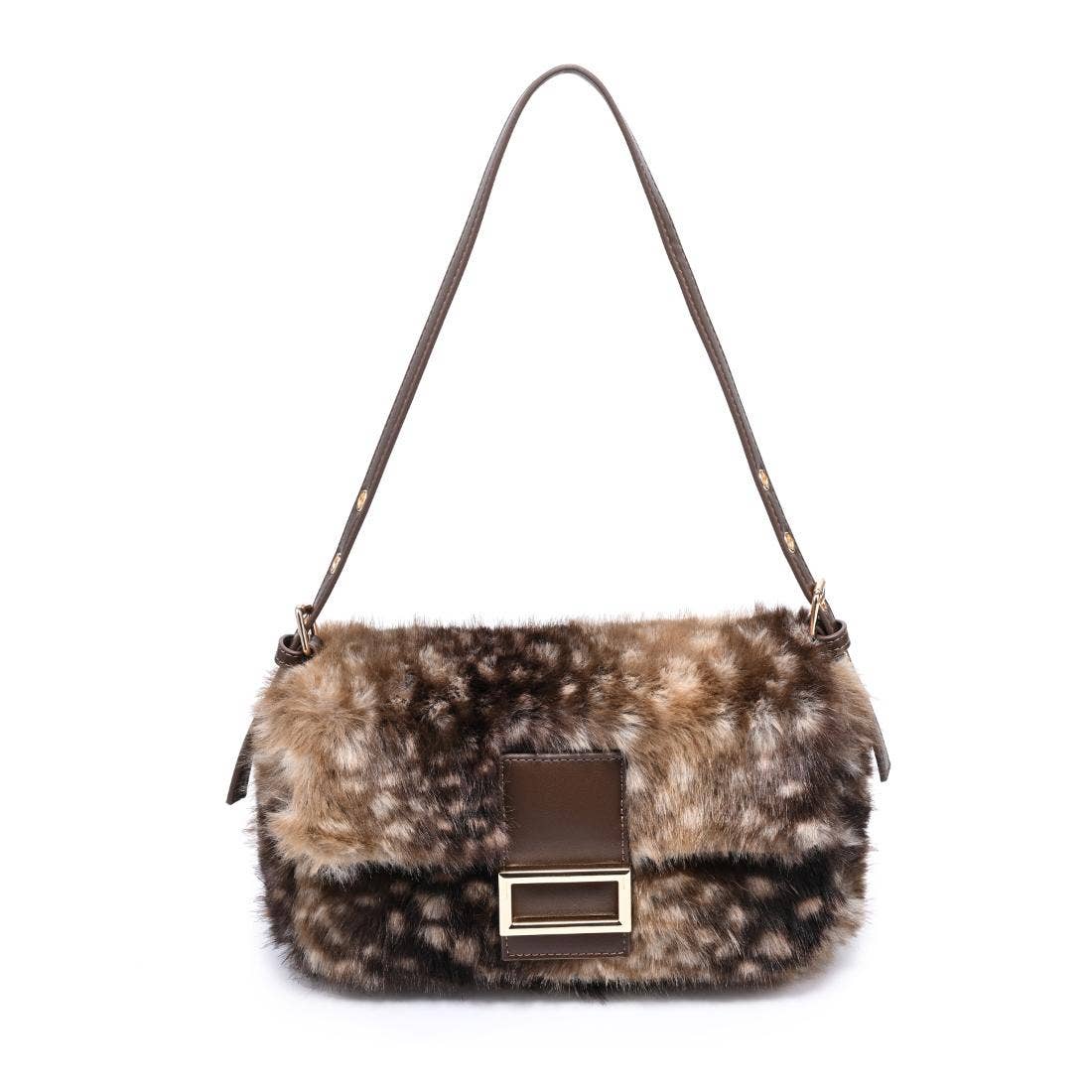 Urban Expressions Tuesday Beverly deer print fur crossbody bag with adjustable strap and top zipper closure.