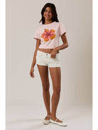 RARA Boutique Hibiscus tropical flower short sleeve cropped baby tee with vibrant floral print and casual fit.