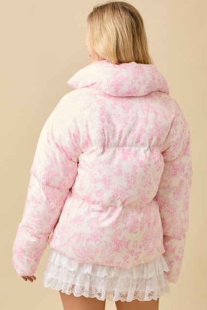 Vintage Horse Toile Print Puffer Jacket with Bows - Main Strip - RARA Boutique 