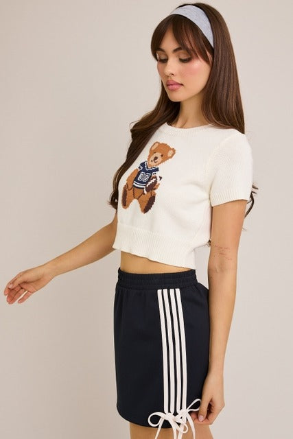 Short Sleeve Football Teddy Bear Sweater Crop Top - Le Lis - RARA Boutique 