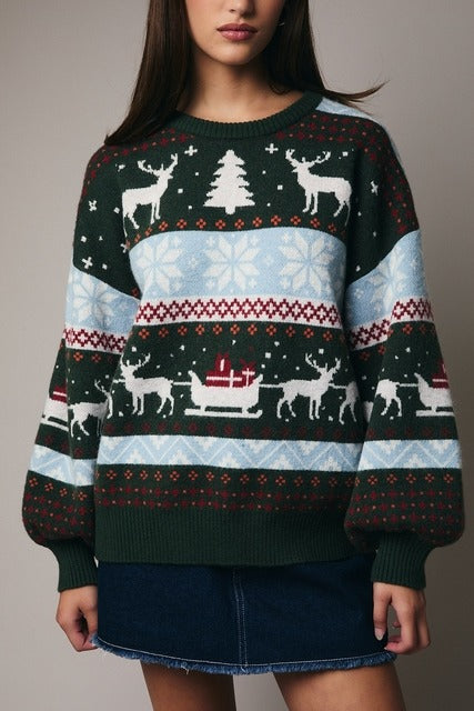 Reindeer Fair Isle Balloon Sleeve Christmas Sweater - Sunday Edition - RARA Boutique 