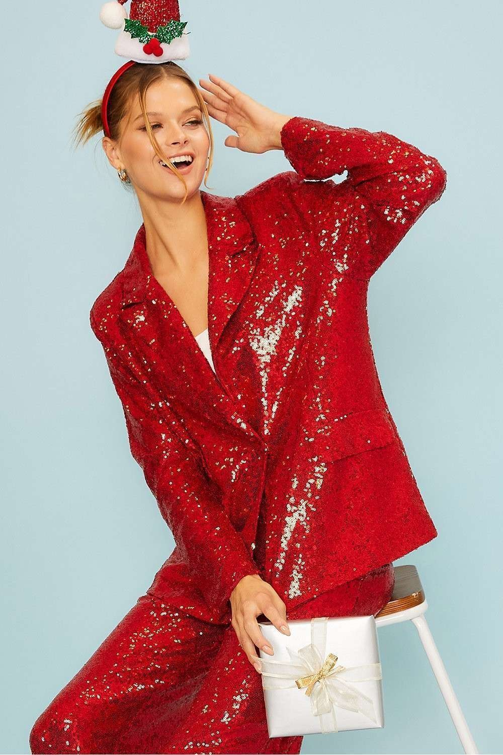 Notched Collar Neck Sequin Oversize Blazer Jacket - RARA Boutique 