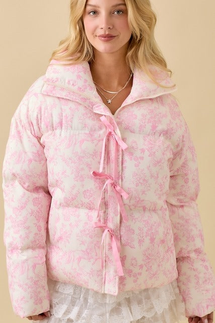 Vintage Horse Toile Print Puffer Jacket with Bows - Main Strip - RARA Boutique 