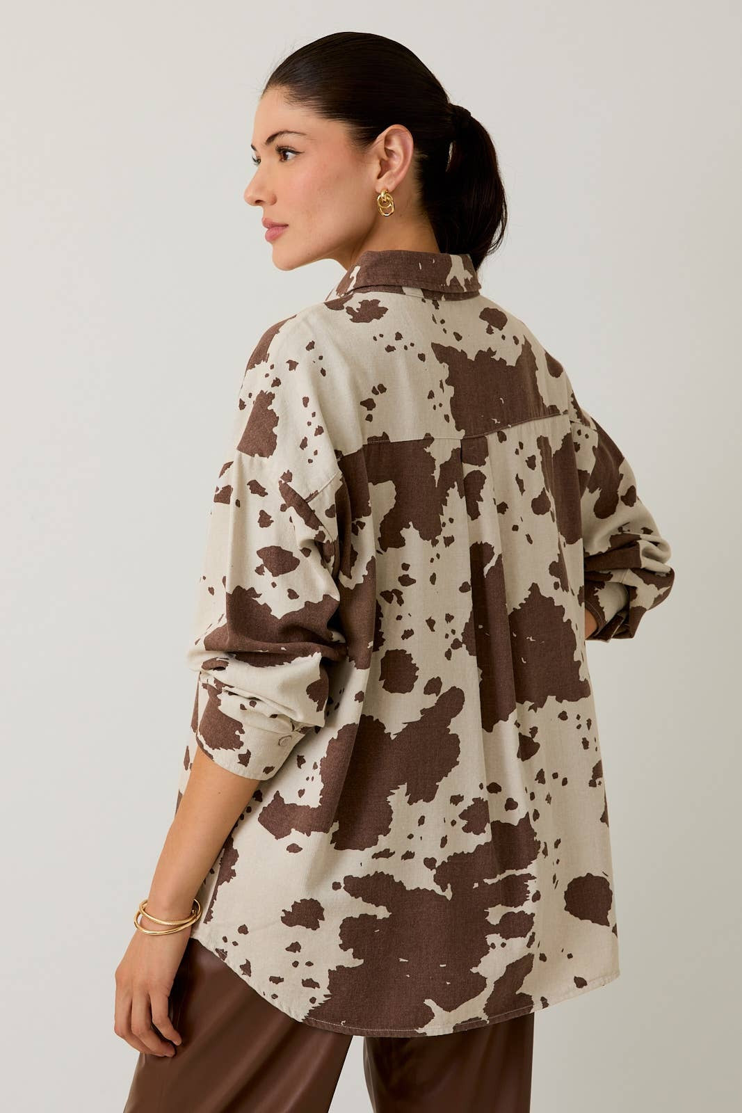 Oversized Cow Print Denim Long Sleeve Button Down Shirt - Sunday Edition - RARA Boutique 