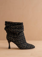 Black tweed slouch heel fall bootie from Oasis Society featuring a stylish design and chunky heel.