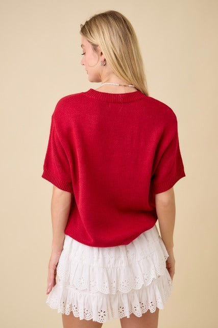 Strawberry Bow Boxy Sweater Knit Short Sleeve Top - Main Strip - RARA Boutique 