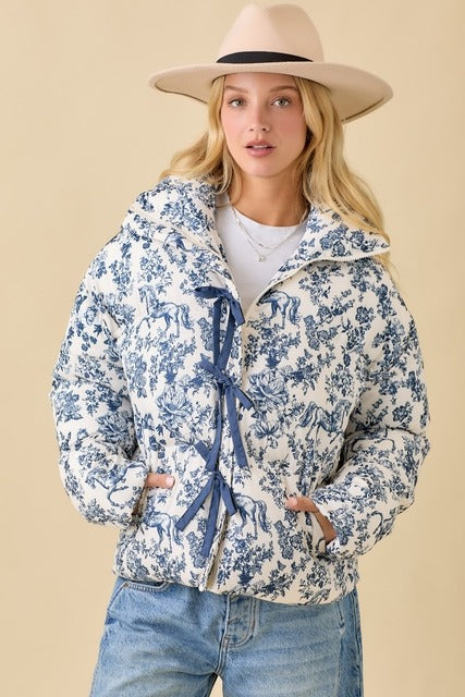 Vintage Horse Toile Print Puffer Jacket with Bows - Main Strip - RARA Boutique 