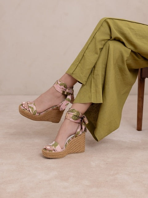 RARA Boutique Rose Garden floral espadrille wedge sandals with wrap ankle straps and peep toe design.