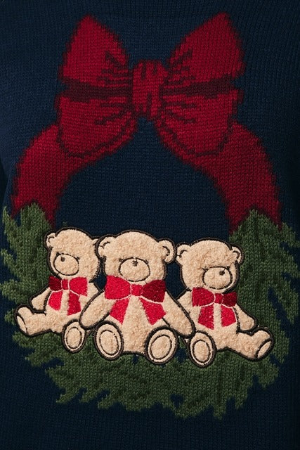 Textured Teddy Bear Wreath Applique Christmas Sweater - Sunday Edition - RARA Boutique 