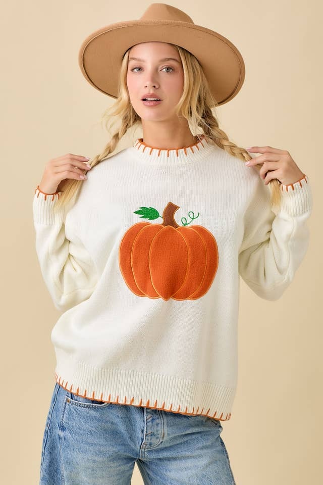 Textured Pumpkin Patch Sweater Knit Top with Stitching Detail - Main Strip - RARA Boutique 