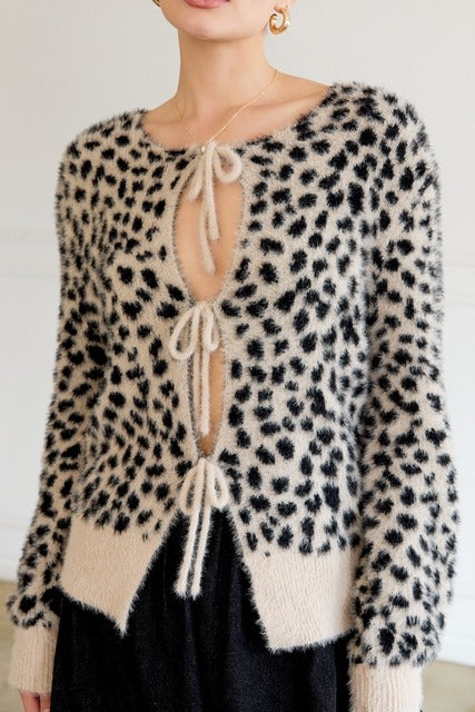 Front Tie Leopard Print Plush Knit Cardigan - Sunday Edition - RARA Boutique 