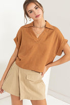 Collared Short Sleeve Linen Top - RARA Boutique 