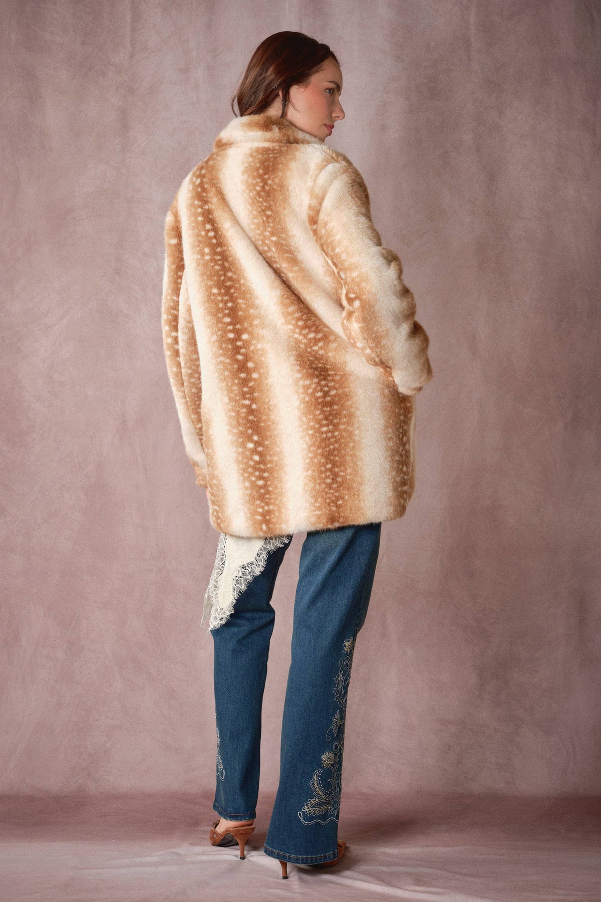 Blue B 25046J deer print faux fur coat with a soft, plush texture and deer pattern, shown on a mannequin.