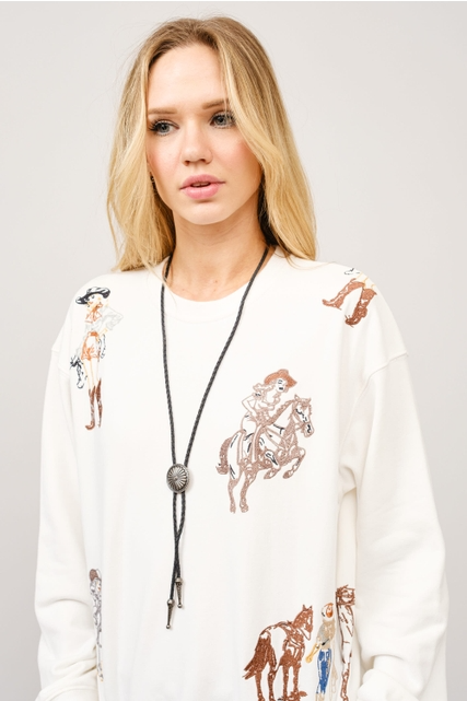 Embroidered Western Cowgirl Graphic Pullover Sweatshirt - Blue B - RARA Boutique 