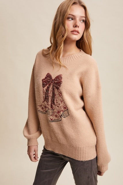 Sequin Bow Western Cowboy Boots Embroidered Sweater - Listicle - RARA Boutique 