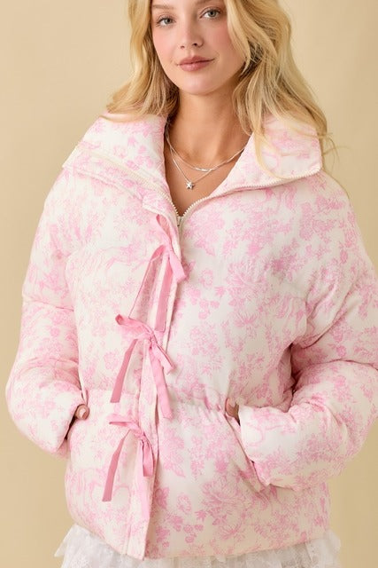 Vintage Horse Toile Print Puffer Jacket with Bows - Main Strip - RARA Boutique 