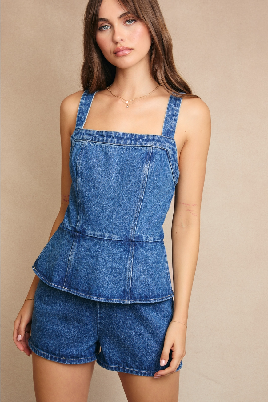 Peplum Top Denim Romper with Tie Back - Le Lis - RARA Boutique 