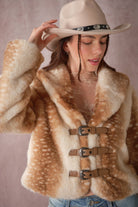 Blue B 25004J Buckled Deer Print Faux Fur Jacket featuring a buckled design and deer print pattern, cozy and stylish outerwear.
