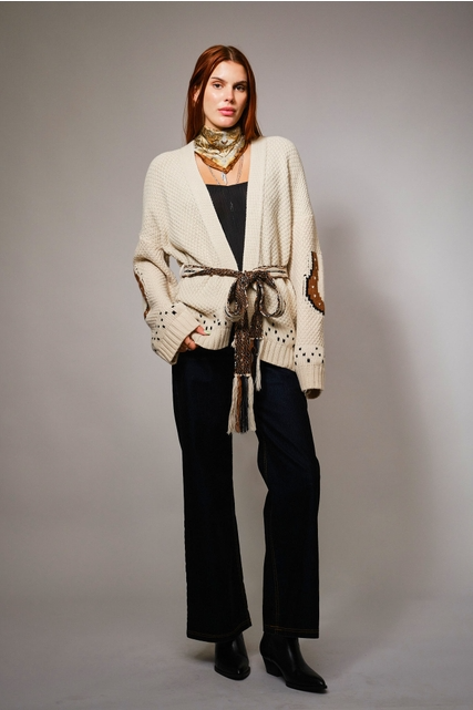 Western Horse & Horseshoe Belted Cardigan Sweater - Blue B - RARA Boutique 