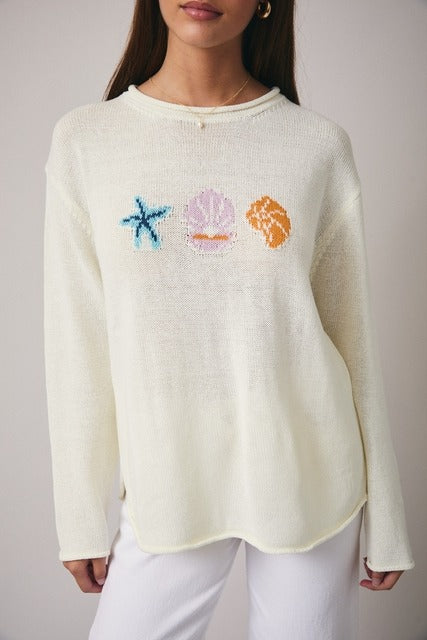 RARA Boutique Coastal Seashell lightweight knit sweater with ocean-inspired pattern, soft and comfortable for casual wear.