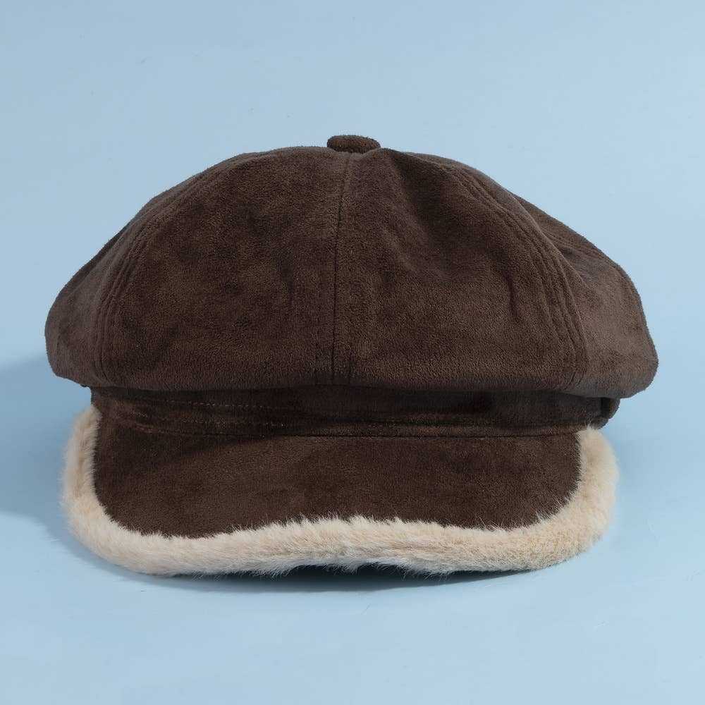 Vegan suede newsboy cabbie hat with plush trim in a classic style, featuring a rounded crown and brim, from Collections by Fame Accessories.