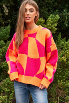 Wavy Checker Print Pullover Knit Sweater Top - RARA Boutique 