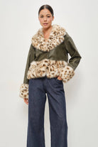 RARA Boutique leopard fur trim cropped leather jacket in black with textured collar and zip front