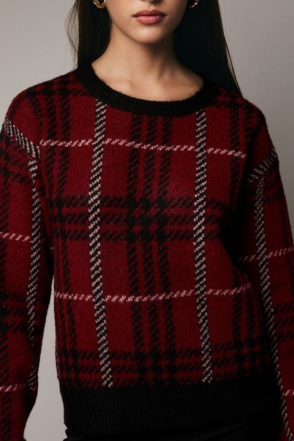 Plaid Long Sleeve Knit Christmas Sweater - Sunday Edition - RARA Boutique 