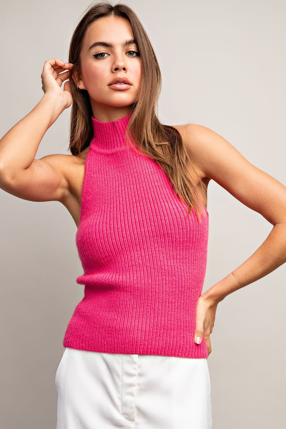 Sleeveless Turtle Neck Halter Sweater Top with Open Back - eesome - RARA Boutique 