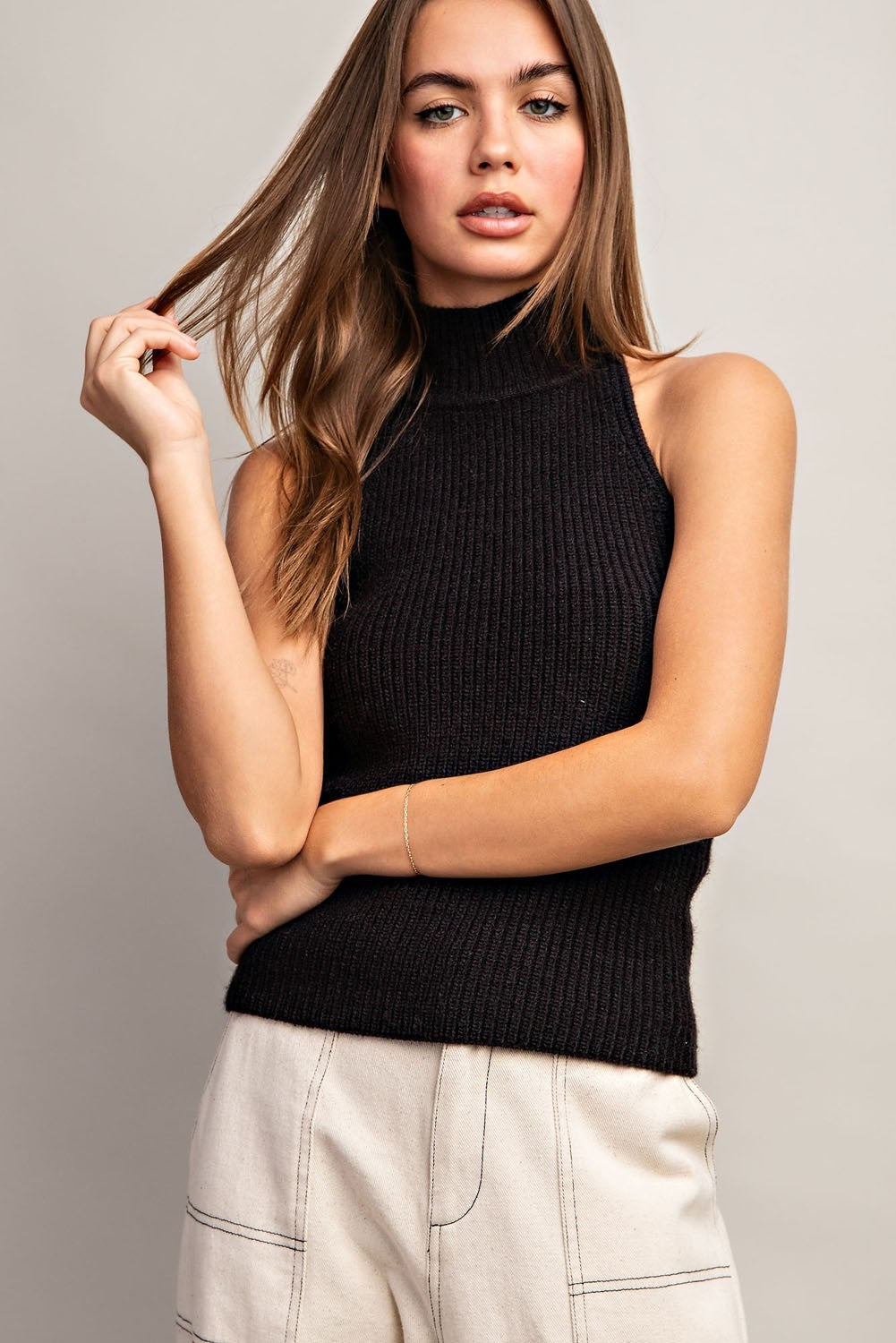 Sleeveless Turtle Neck Halter Sweater Top with Open Back - eesome - RARA Boutique 