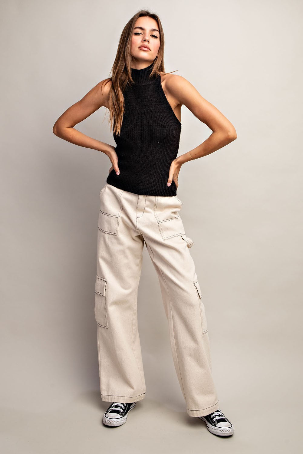 Sleeveless Turtle Neck Halter Sweater Top with Open Back - eesome - RARA Boutique 