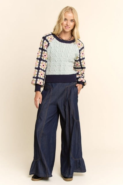 Crochet Sleeve Granny Square Cable Knit Sweater - Davi & Dani - RARA Boutique 