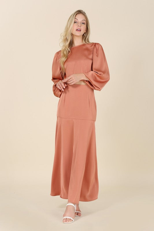 Satin Long Sleeve Top with Maxi Skirt Set - RARA Boutique 