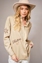 Western Ebroidered Snap Button Chambray Shirt Blouse - Blue B - RARA Boutique 